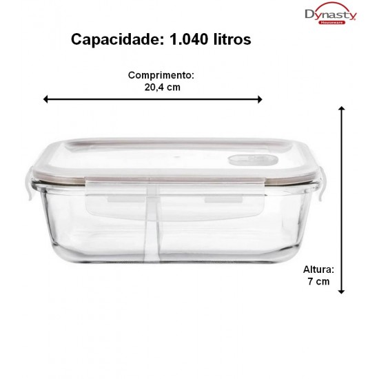 Pote 1.040ml 15,5x20,4x7cm Hermético Retangular Em Vidro Borossilicato Com Tampa E Divisória